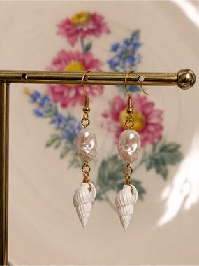 Gold Pearl Drop Earrings with White Shell Charm